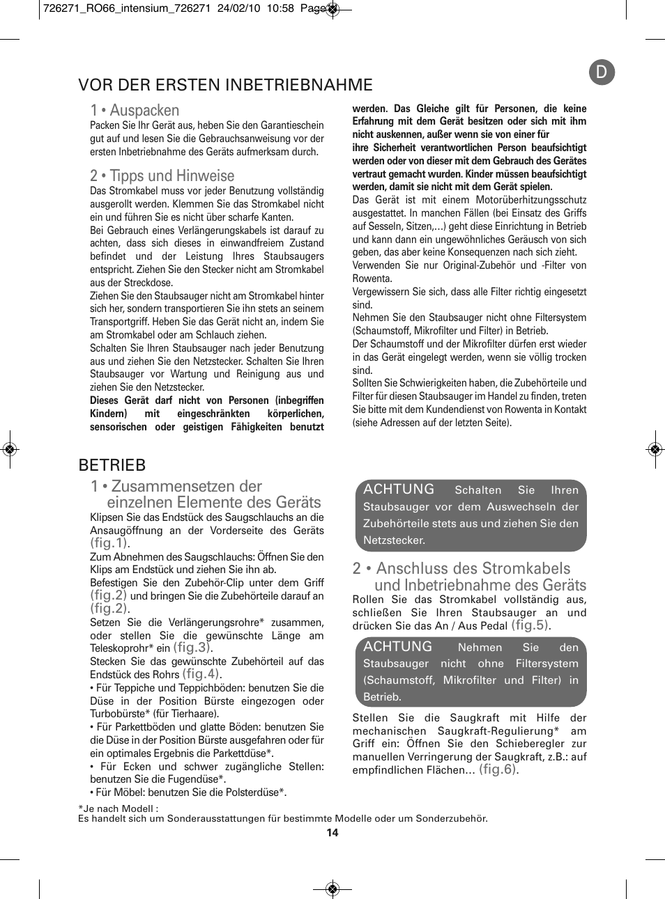 1 • auspacken, 2 • tipps und hinweise, Vor der ersten inbetriebnahme betrieb | ROWENTA INTENSIUM RO6679 User Manual | Page 20 / 84