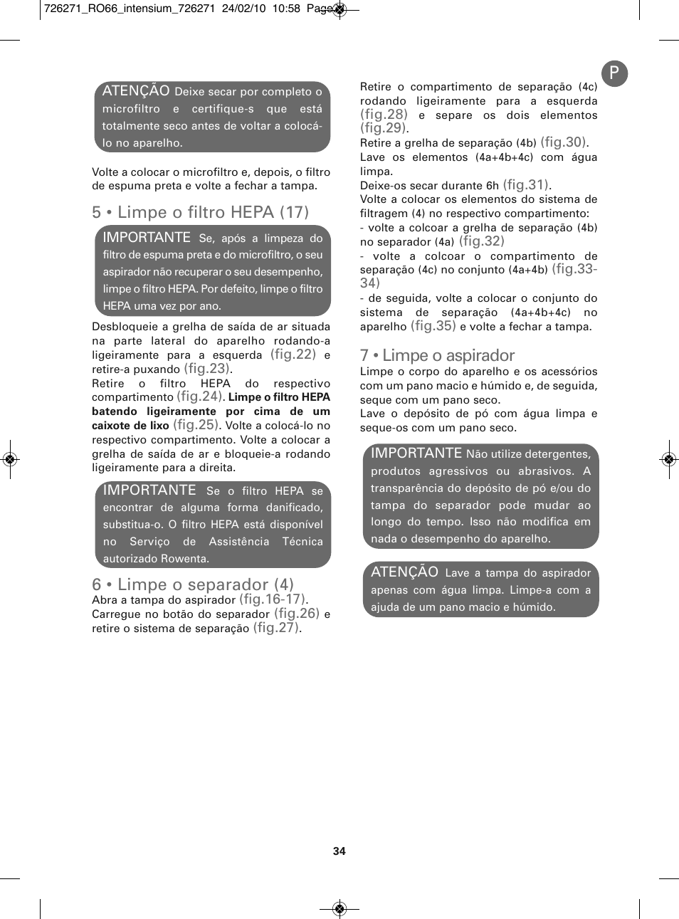 5 • limpe o filtro hepa (17), 6 • limpe o separador (4), 7 • limpe o aspirador | ROWENTA INTENSIUM RO6679 User Manual | Page 40 / 84