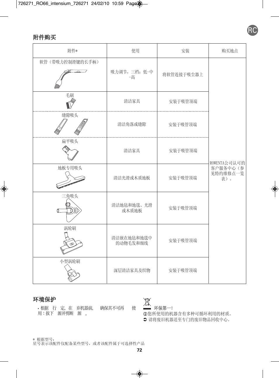 附件购买, 环境保护 | ROWENTA INTENSIUM RO6679 User Manual | Page 78 / 84