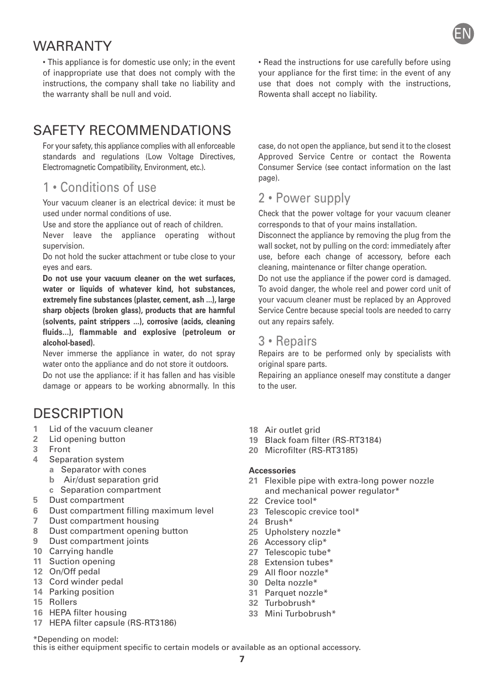 1 • conditions of use, 2 • power supply, 3 • repairs | Description, Safety recommendations, Warranty | ROWENTA INTENSIUM UPGRADE RO6663 User Manual | Page 13 / 74