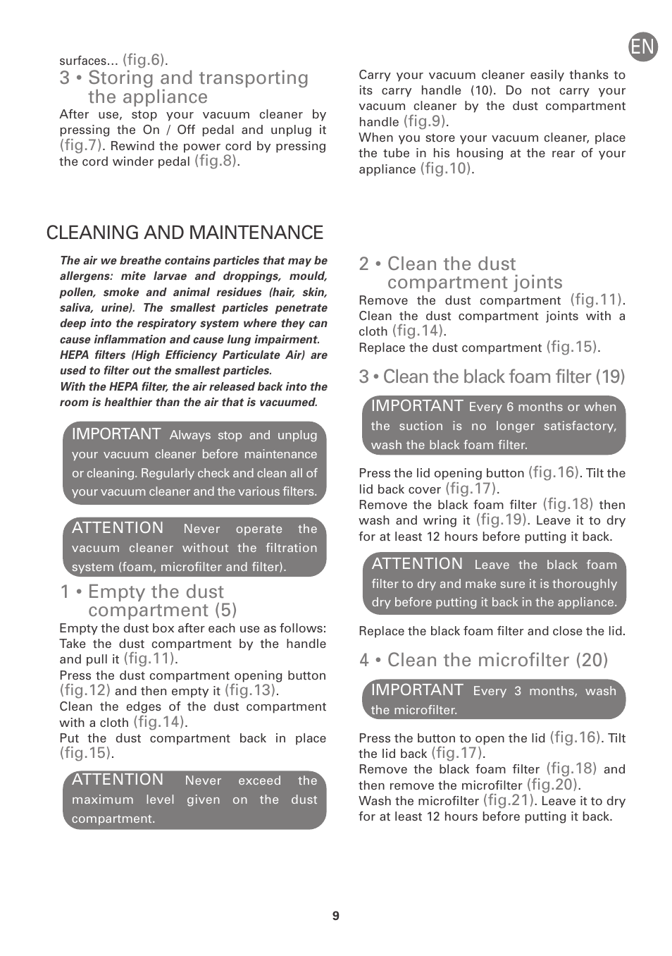 2 • clean the dust compartment joints, 3 • clean the black foam filter (19), 4 • clean the microfilter (20) | 3 • storing and transporting the appliance, Cleaning and maintenance, 1 • empty the dust compartment (5) | ROWENTA INTENSIUM UPGRADE RO6663 User Manual | Page 15 / 74