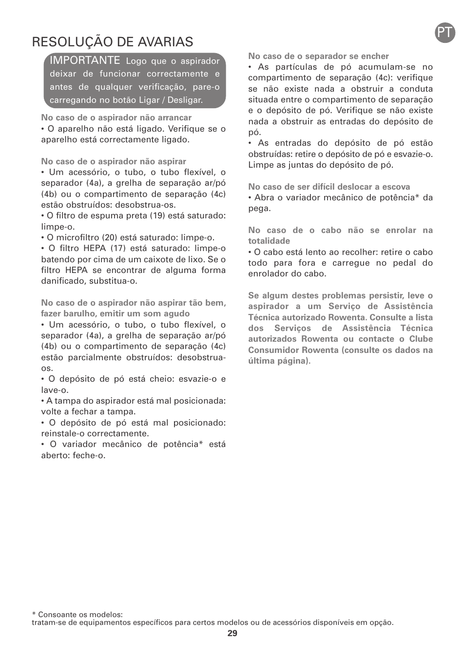 Resolução de avarias, Importante | ROWENTA INTENSIUM UPGRADE RO6663 User Manual | Page 35 / 74