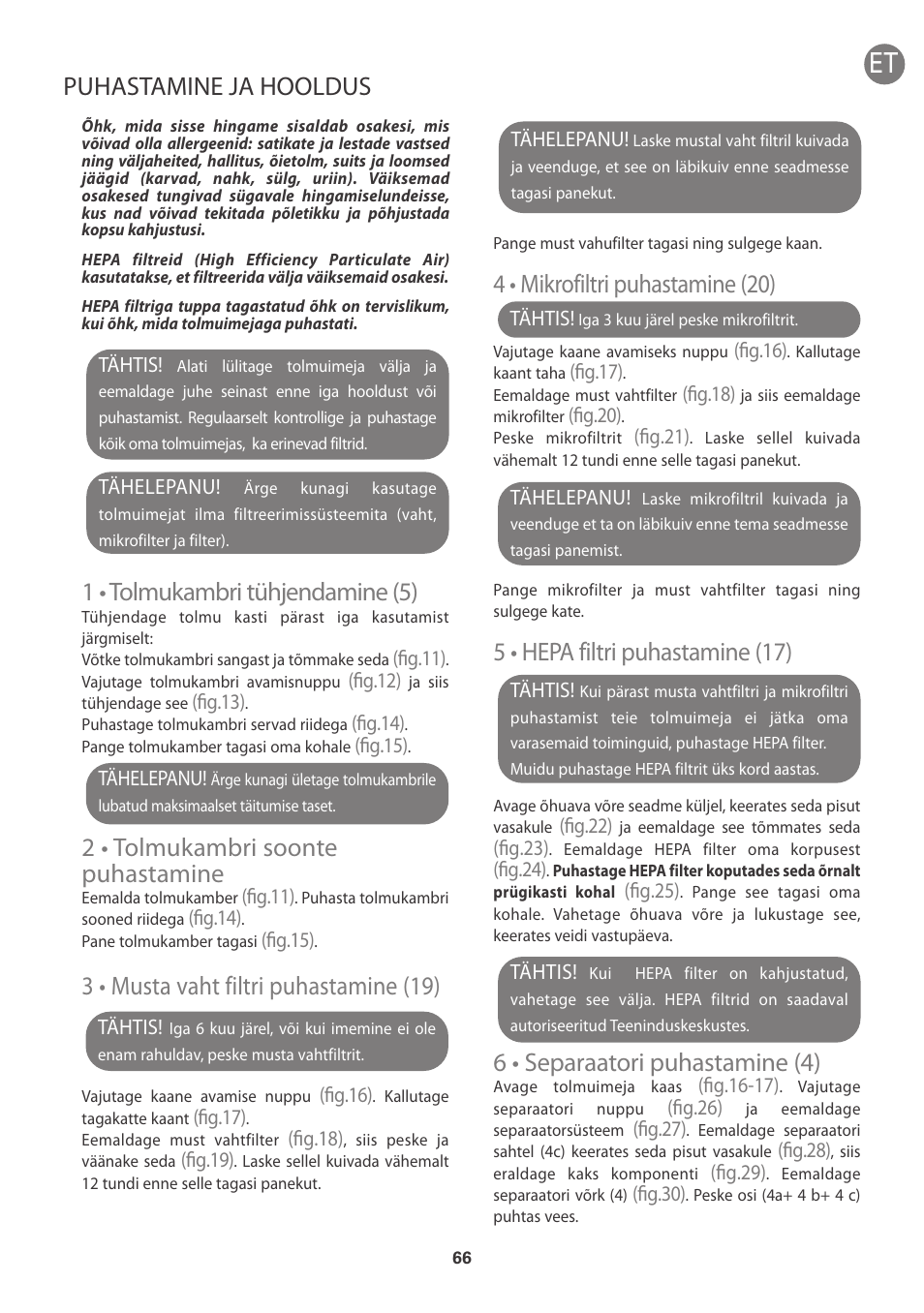 4 • mikrofiltri puhastamine (20), 5 • hepa filtri puhastamine (17), 6 • separaatori puhastamine (4) | 2 • tolmukambri soonte puhastamine, 3 • musta vaht filtri puhastamine (19) | ROWENTA INTENSIUM UPGRADE RO6663 User Manual | Page 72 / 74