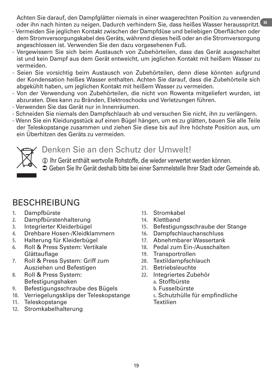 Denken sie an den schutz der umwelt, Beschreibung | ROWENTA MASTER VALET IS6300 User Manual | Page 24 / 125