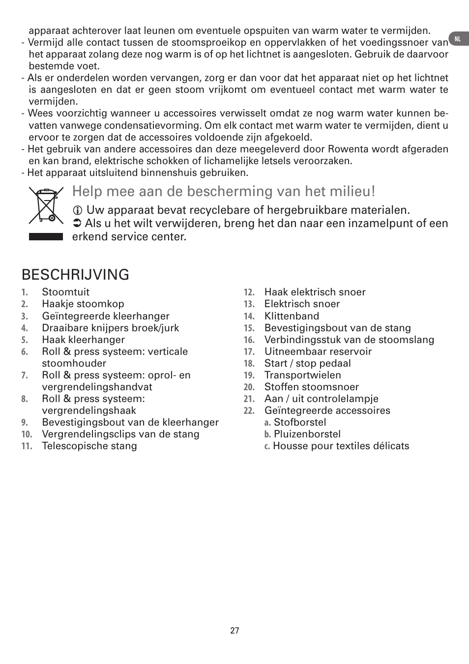 Help mee aan de bescherming van het milieu, Beschrijving | ROWENTA MASTER VALET IS6300 User Manual | Page 32 / 125