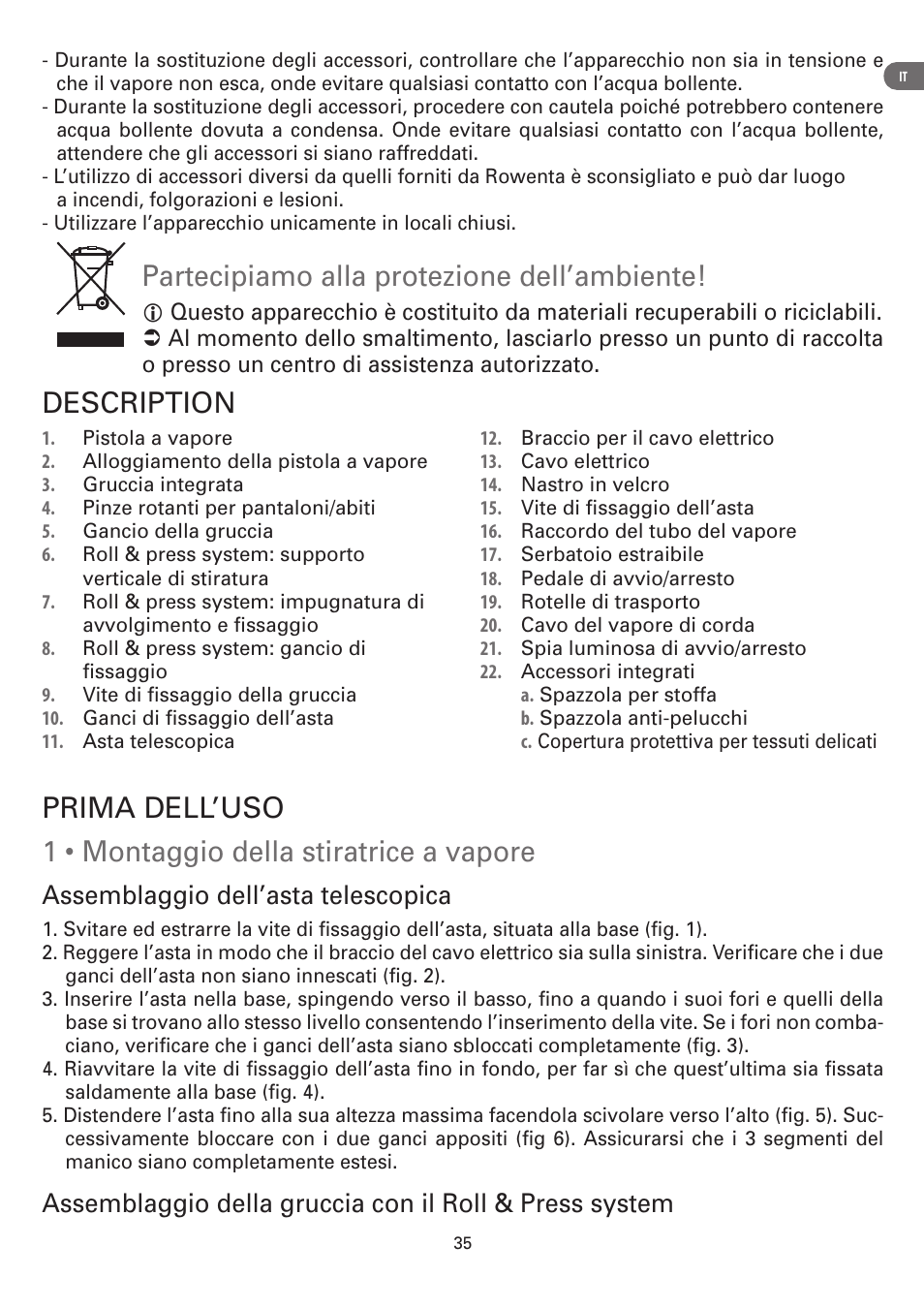 Partecipiamo alla protezione dell’ambiente, Description, Assemblaggio dell’asta telescopica | ROWENTA MASTER VALET IS6300 User Manual | Page 40 / 125