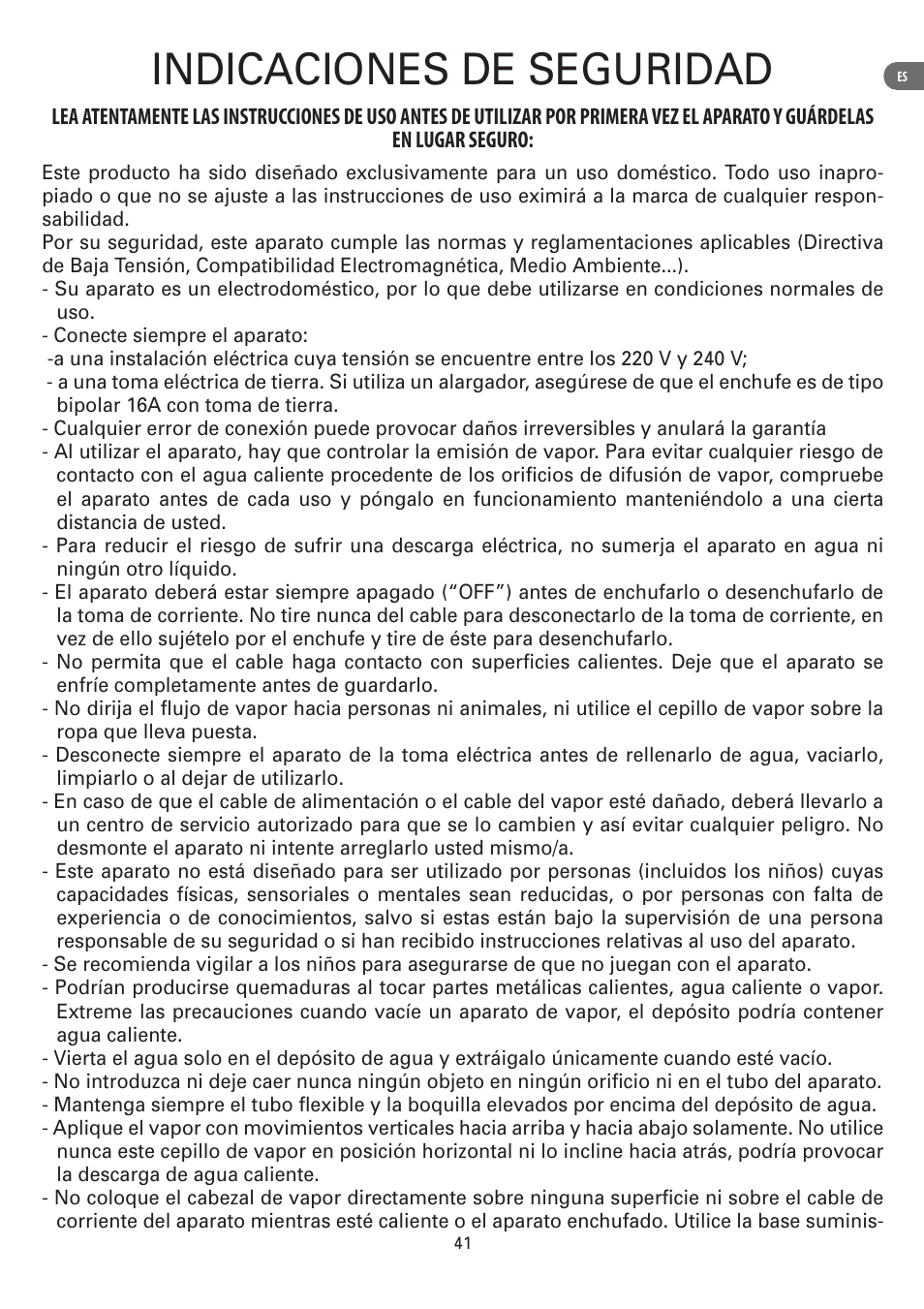 Indicaciones de seguridad | ROWENTA MASTER VALET IS6300 User Manual | Page 46 / 125