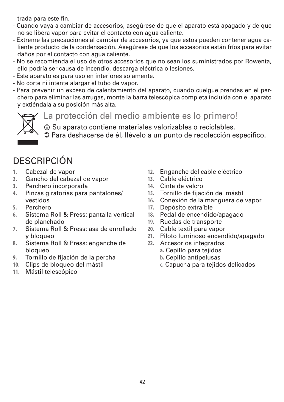 La protección del medio ambiente es lo primero, Descripción | ROWENTA MASTER VALET IS6300 User Manual | Page 47 / 125