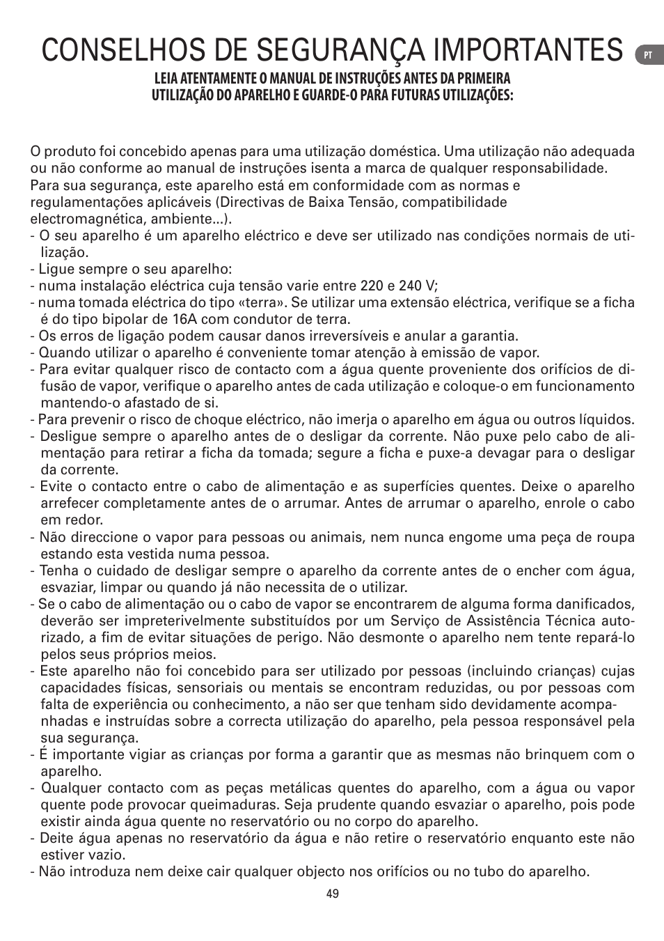 Conselhos de segurança importantes | ROWENTA MASTER VALET IS6300 User Manual | Page 54 / 125