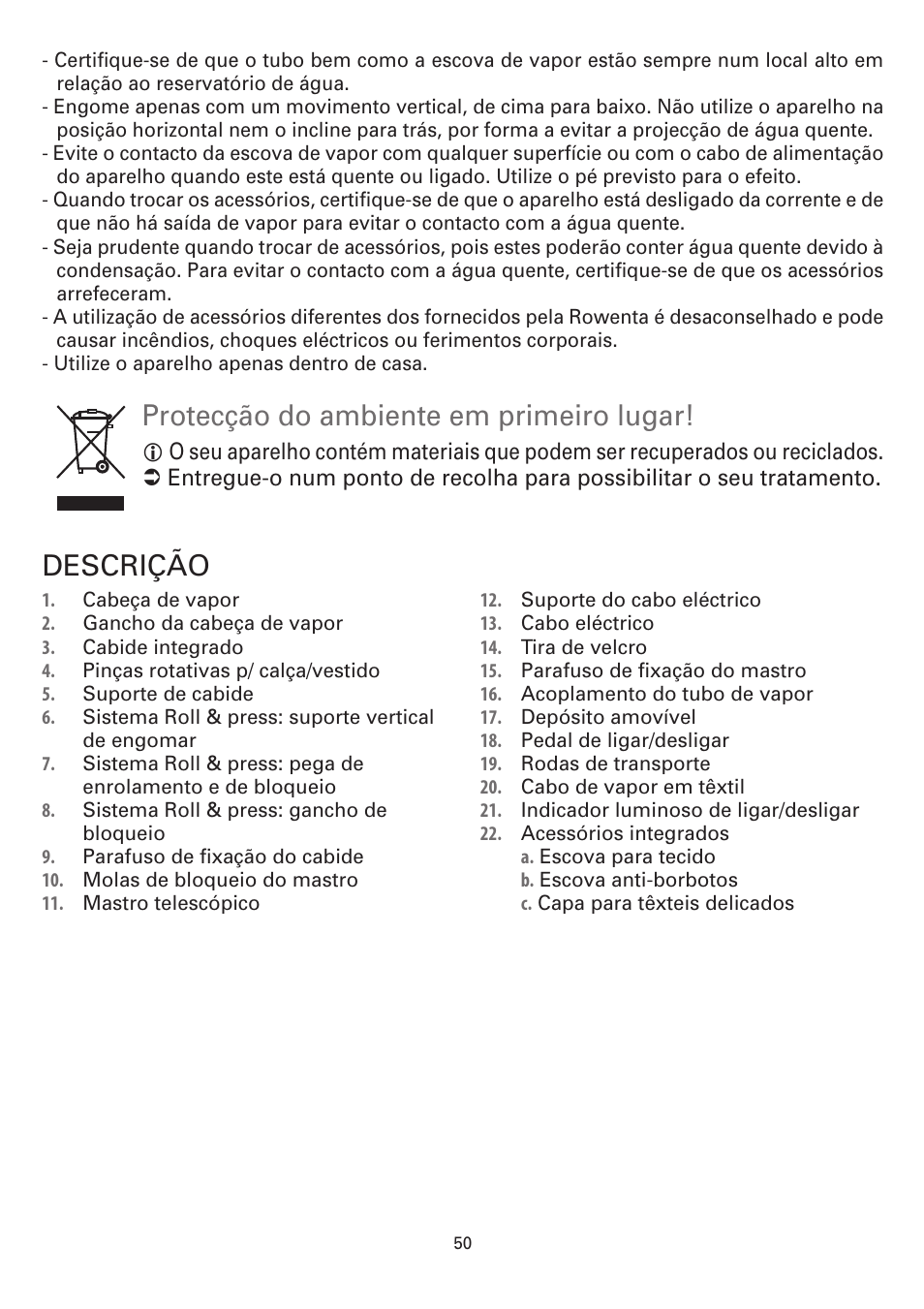 Protecção do ambiente em primeiro lugar, Descrição | ROWENTA MASTER VALET IS6300 User Manual | Page 55 / 125