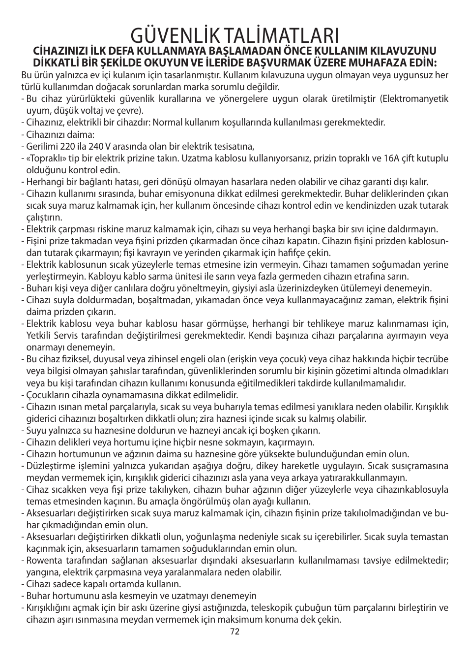 Güvenlik talimatlari | ROWENTA MASTER VALET IS6300 User Manual | Page 77 / 125