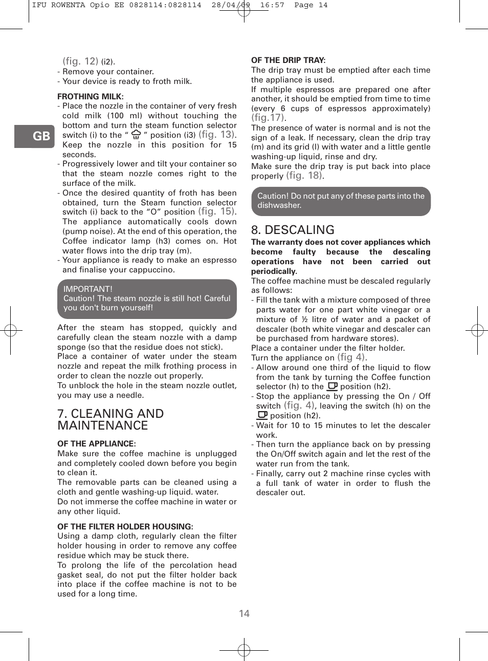 Cleaning and maintenance, Descaling | ROWENTA OPIO ES3200 User Manual | Page 12 / 64