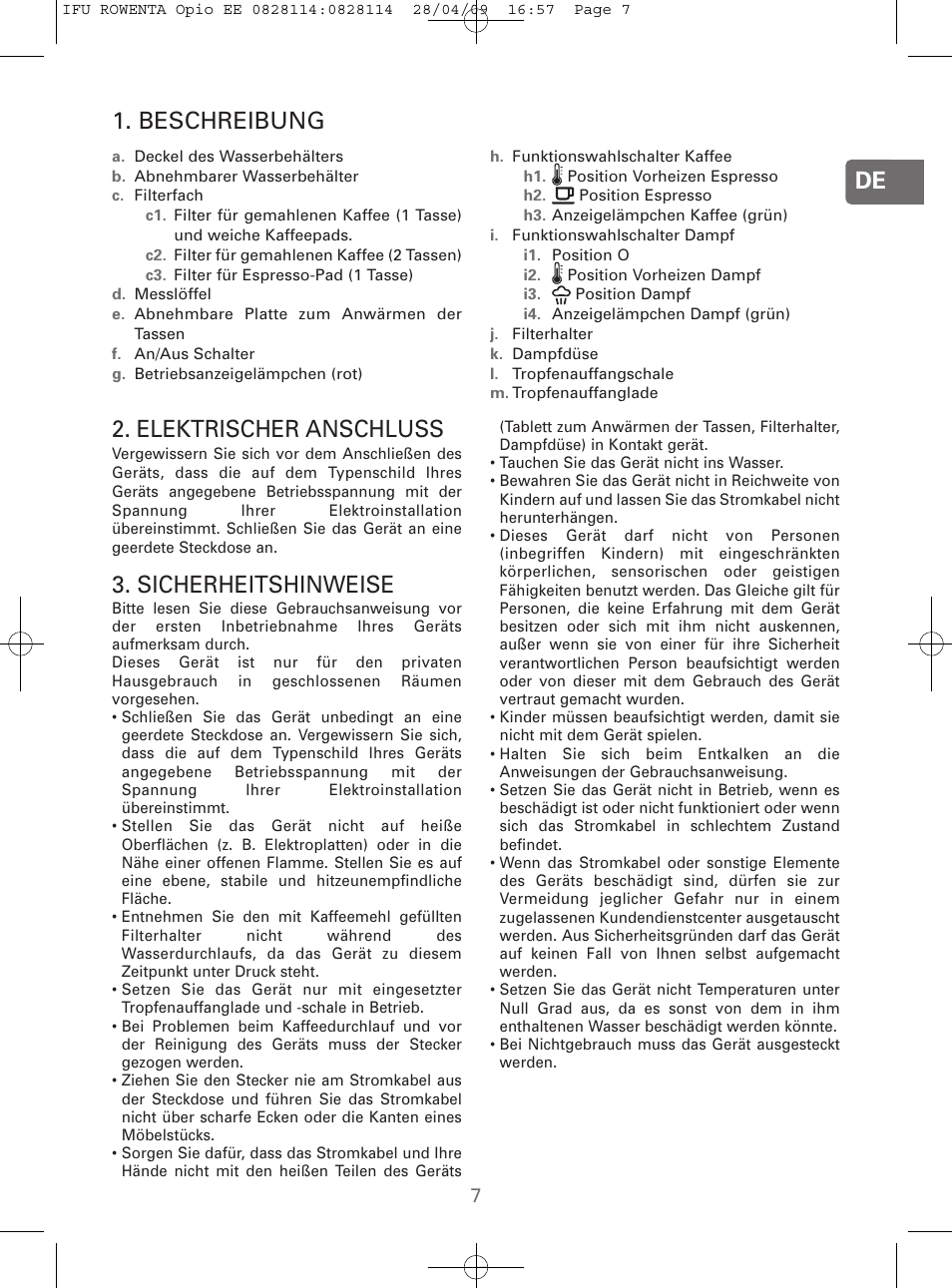 De 2. elektrischer anschluss, Sicherheitshinweise, Beschreibung | ROWENTA OPIO ES3200 User Manual | Page 5 / 64