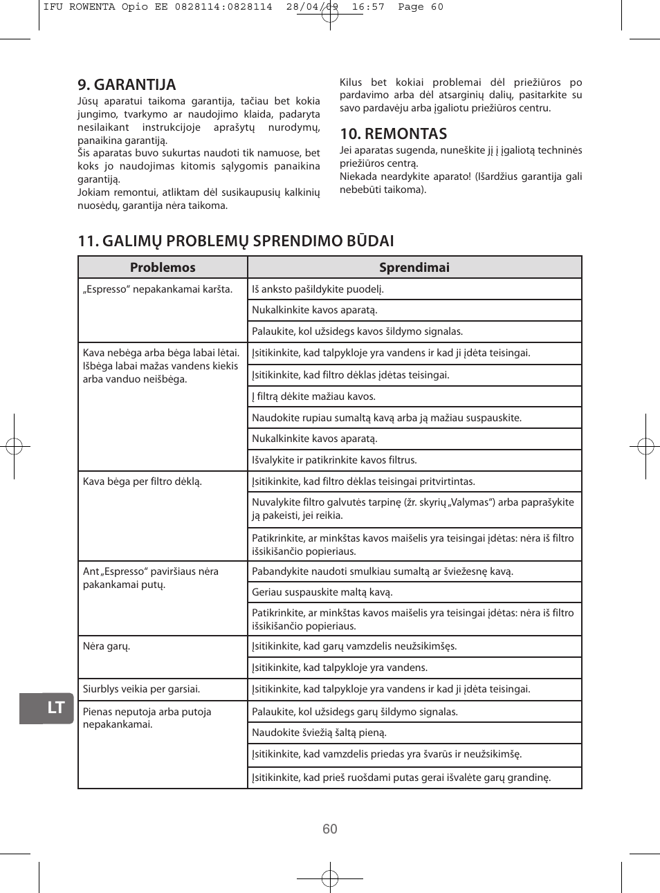 Lt 9. garantija, Remontas, Galimų problemų sprendimo būdai | ROWENTA OPIO ES3200 User Manual | Page 58 / 64