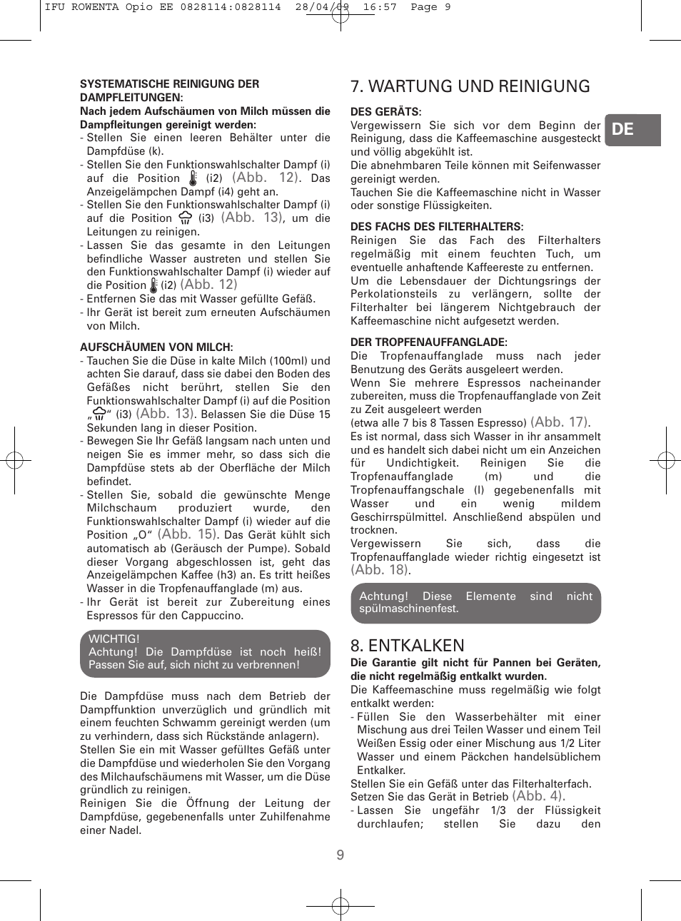 Wartung und reinigung, Entkalken | ROWENTA OPIO ES3200 User Manual | Page 7 / 64