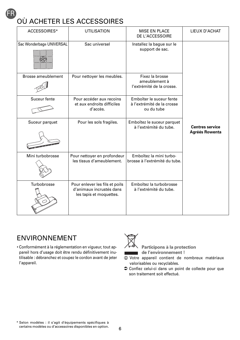 Où acheter les accessoires, Environnement | ROWENTA RO54xx serie User Manual | Page 10 / 130