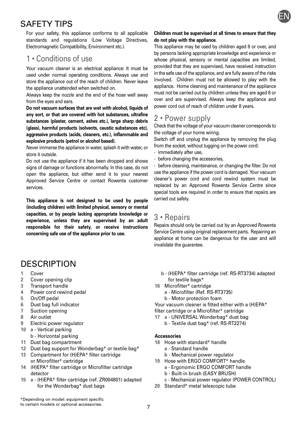 1 • conditions of use, 2 • power supply, 3 • repairs | Description, Safety tips | ROWENTA RO54xx serie User Manual | Page 11 / 130