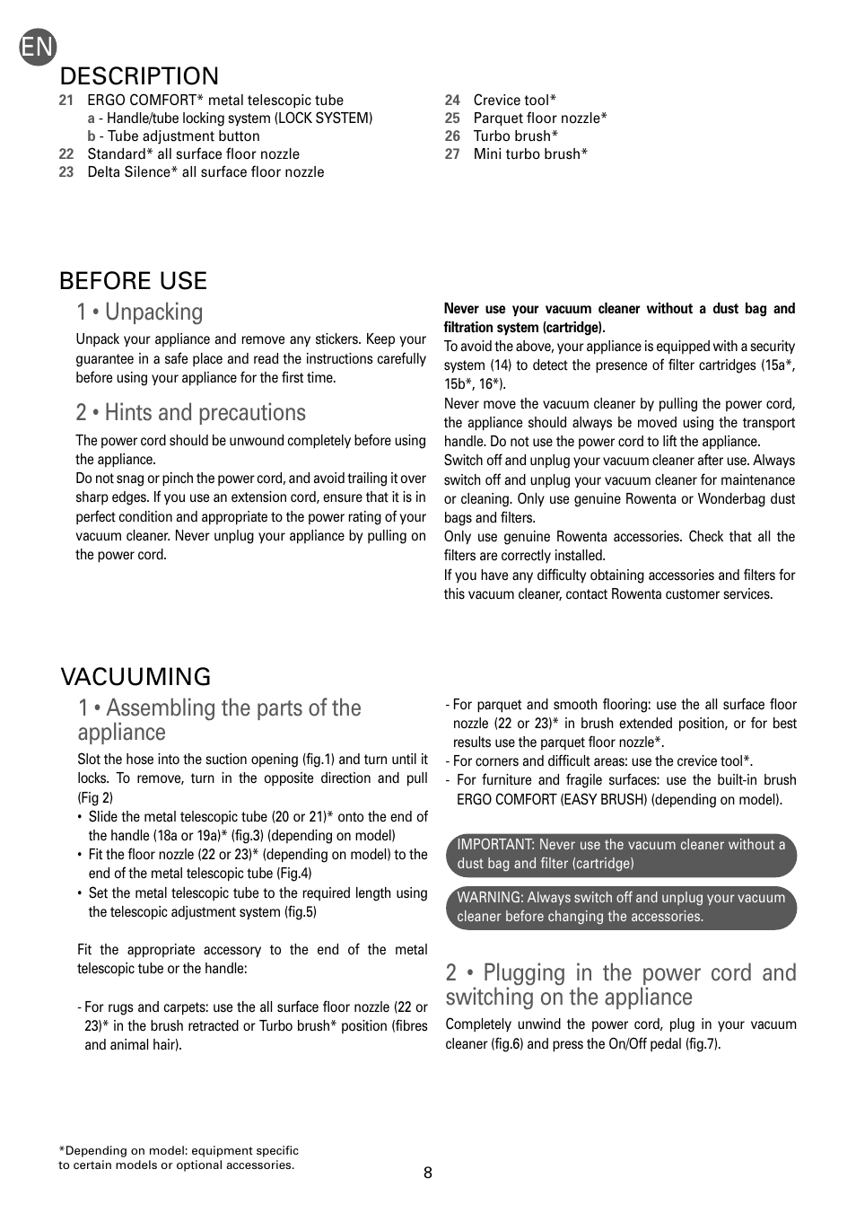 1 • unpacking, 2 • hints and precautions, Before use | 1 • assembling the parts of the appliance, Vacuuming, Description | ROWENTA RO54xx serie User Manual | Page 12 / 130