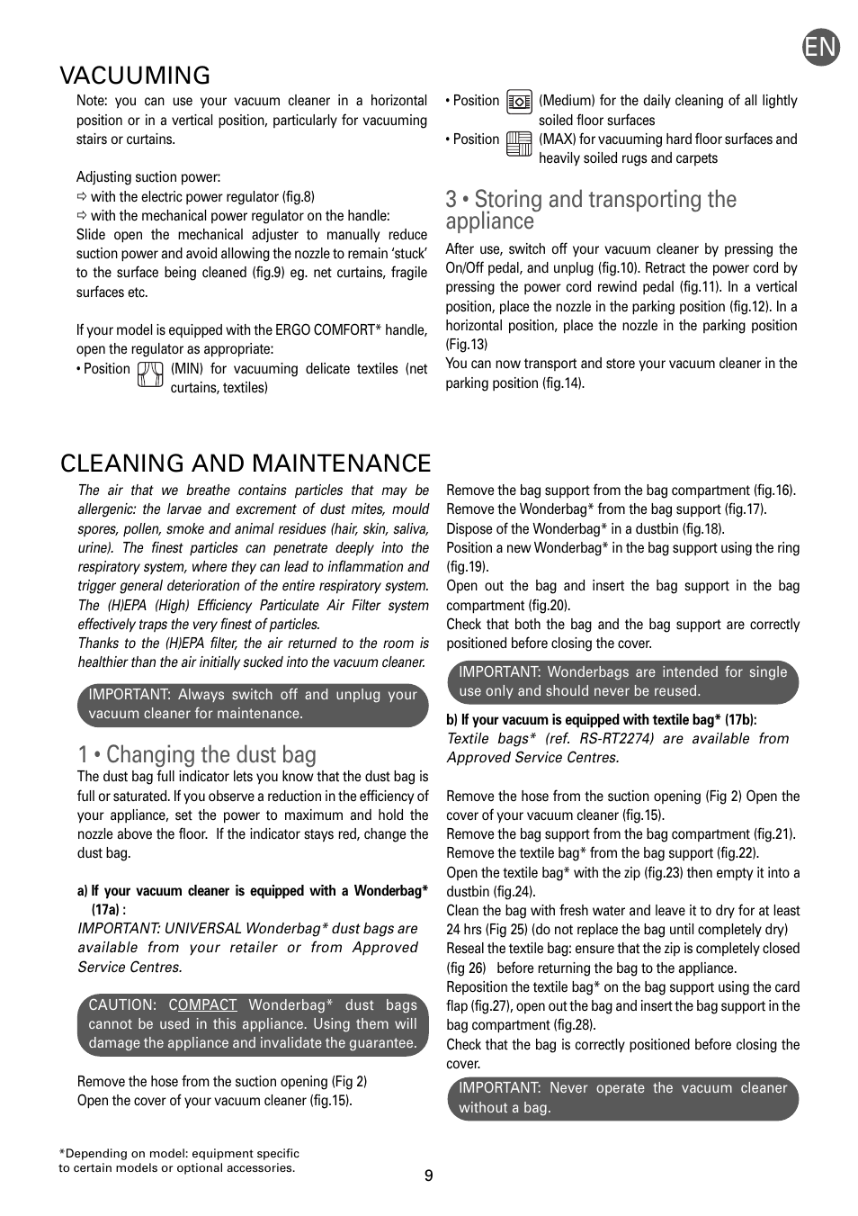 1 • changing the dust bag, Cleaning and maintenance, 3 • storing and transporting the appliance | Vacuuming | ROWENTA RO54xx serie User Manual | Page 13 / 130