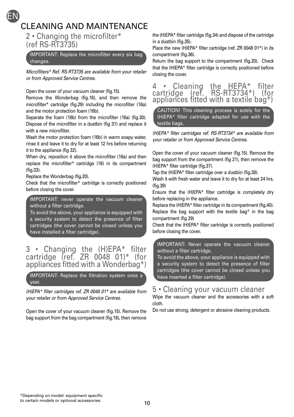 5 • cleaning your vacuum cleaner, Cleaning and maintenance | ROWENTA RO54xx serie User Manual | Page 14 / 130