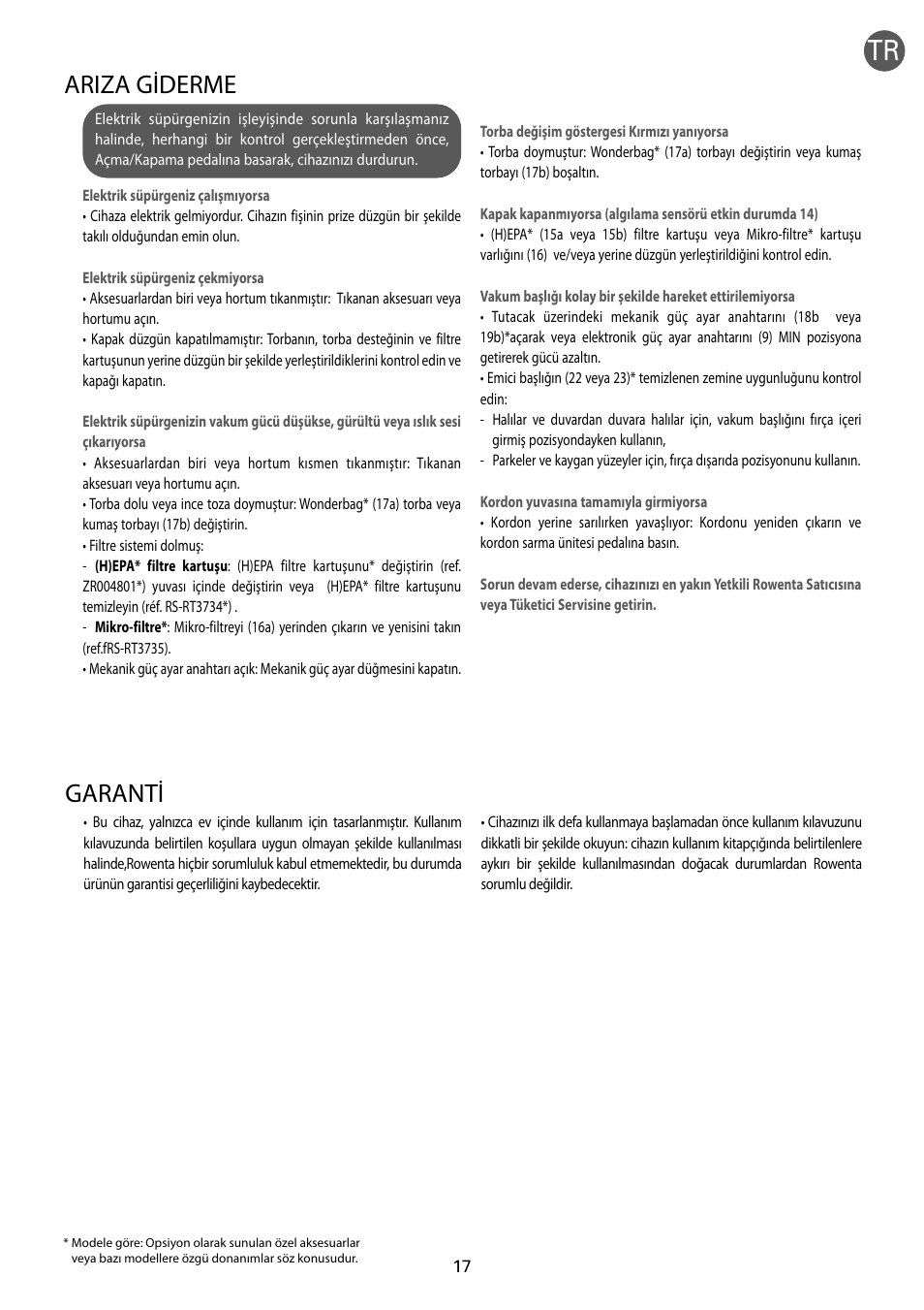 Garanti, Ariza giderme | ROWENTA RO54xx serie User Manual | Page 21 / 130