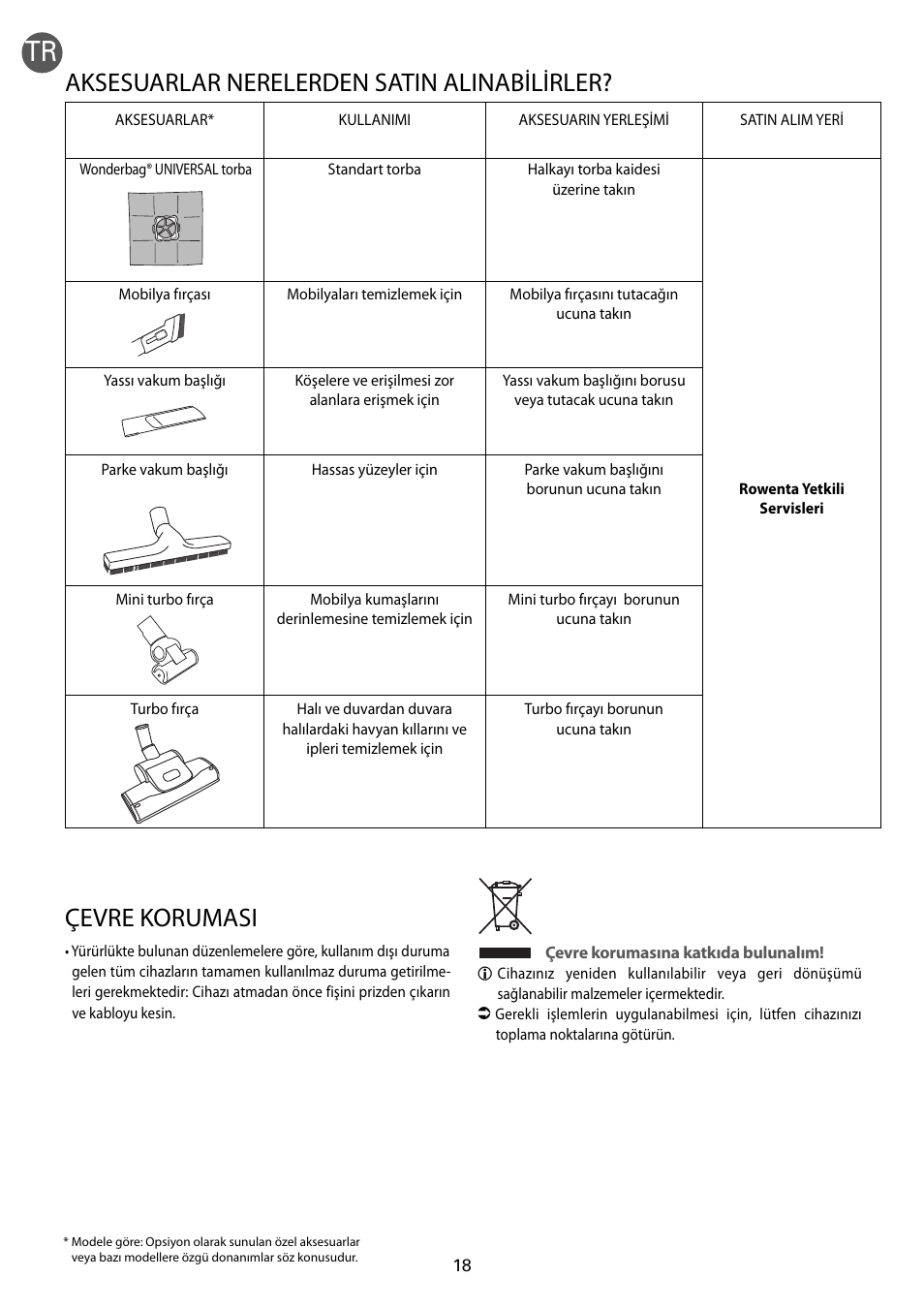 Aksesuarlar nerelerden satin alinabilirler, Çevre korumasi | ROWENTA RO54xx serie User Manual | Page 22 / 130