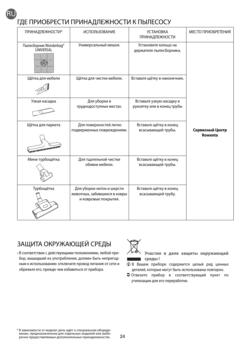 Где приобрести принадлежности к пылесосу, Защита окружающей среды | ROWENTA RO54xx serie User Manual | Page 28 / 130