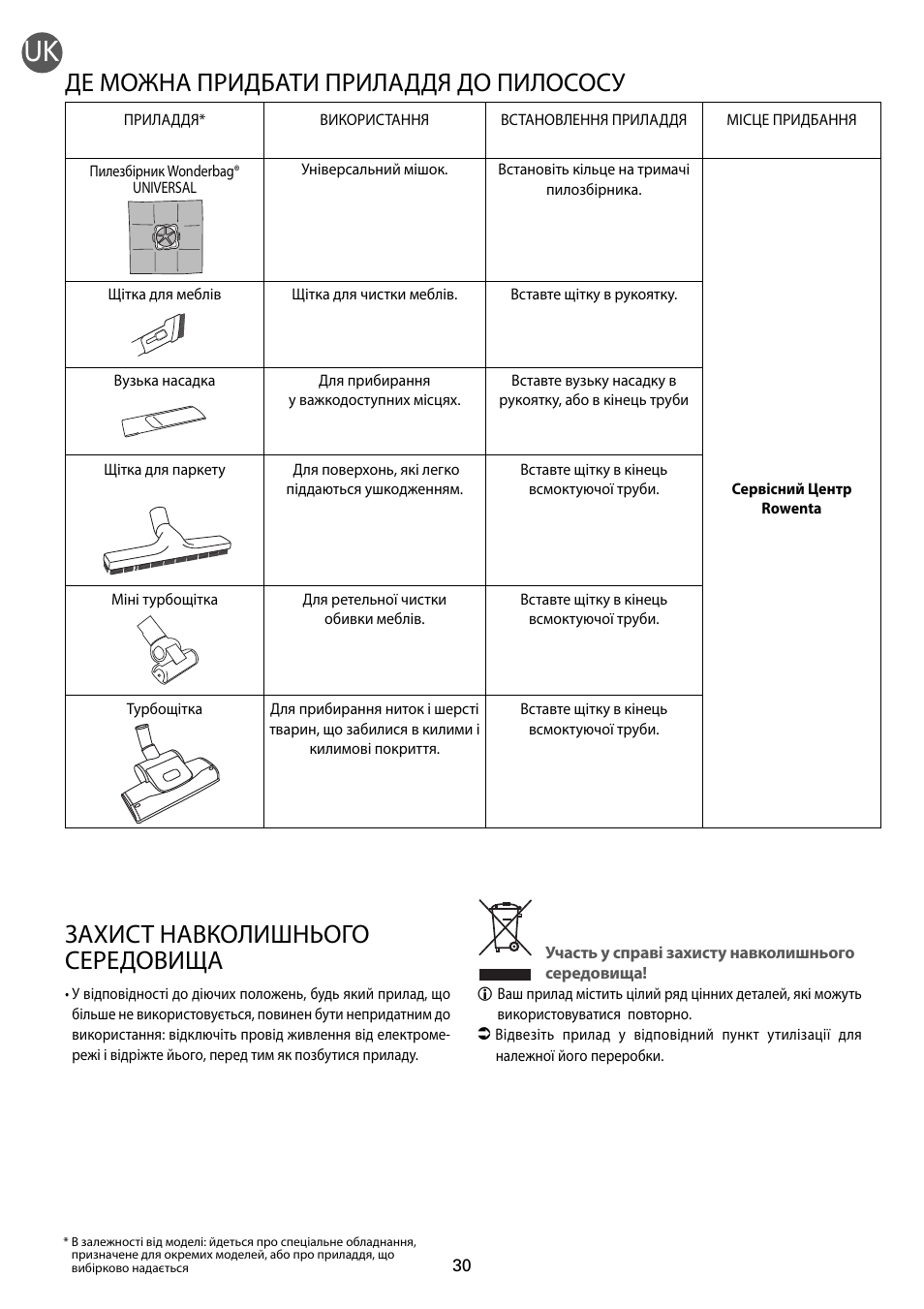 Де можна придбати приладдя до пилососу, Захист навколишнього середовища | ROWENTA RO54xx serie User Manual | Page 34 / 130