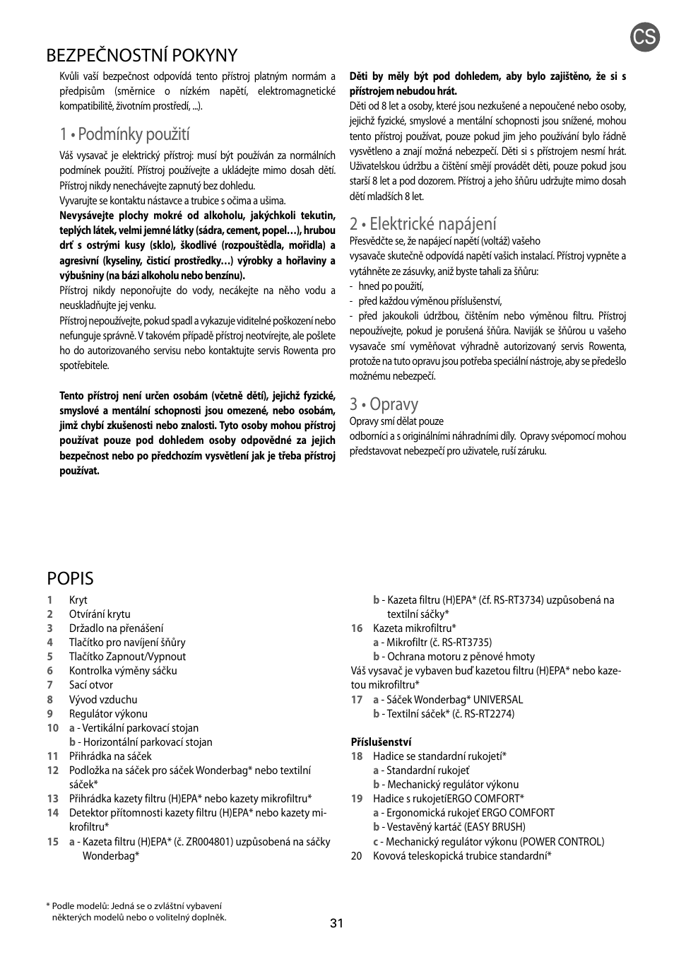 1 • podmínky použití, 2 • elektrické napájení, 3 • opravy | Popis, Bezpečnostní pokyny | ROWENTA RO54xx serie User Manual | Page 35 / 130