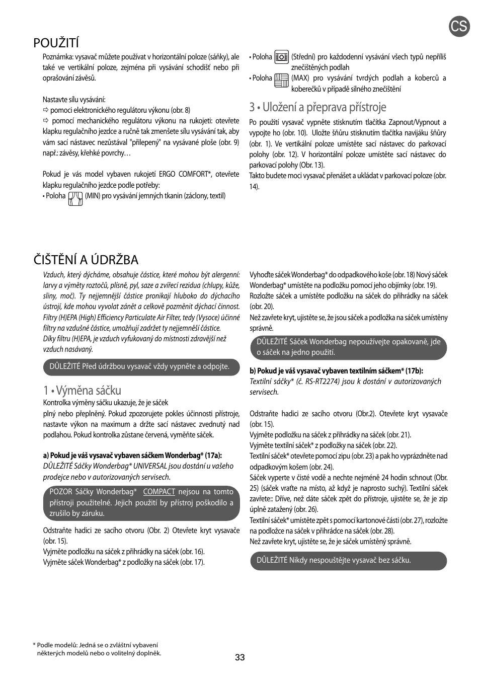 1 • výměna sáčku, Čištění a údržba, 3 • uložení a přeprava přístroje | Použití | ROWENTA RO54xx serie User Manual | Page 37 / 130