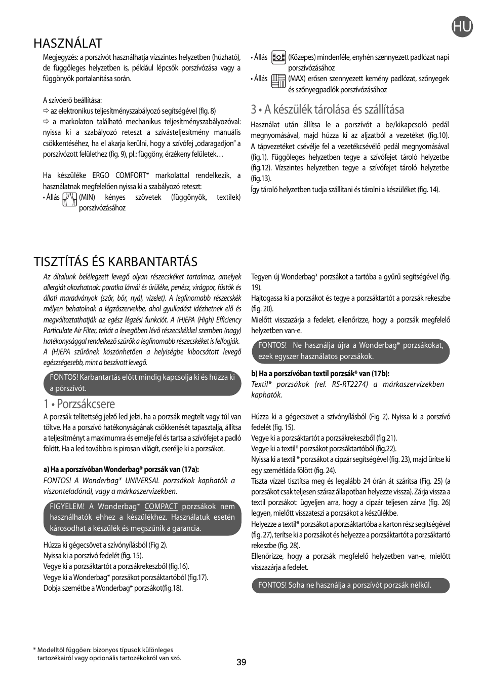 1 • porzsákcsere, Tisztítás és karbantartás, 3 • a készülék tárolása és szállítása | Használat | ROWENTA RO54xx serie User Manual | Page 43 / 130