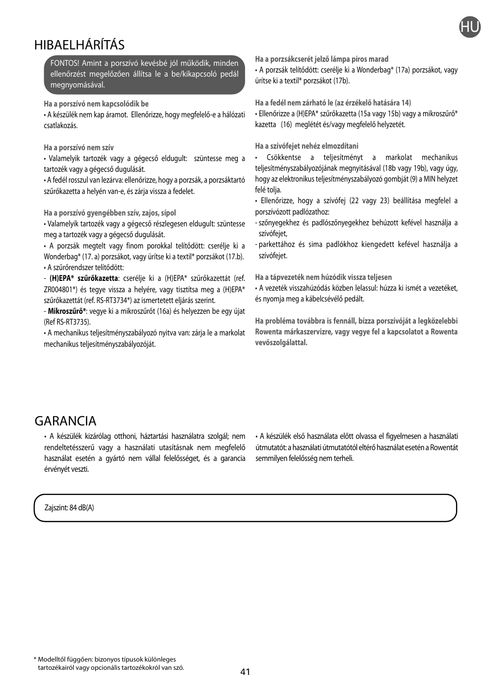 Garancia, Hibaelhárítás | ROWENTA RO54xx serie User Manual | Page 45 / 130