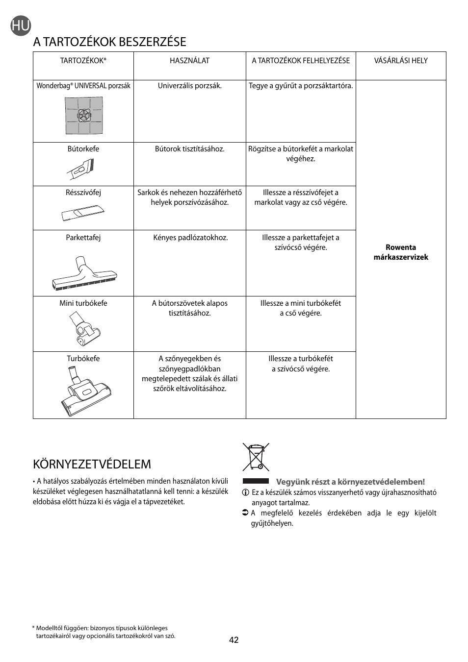 A tartozékok beszerzése, Környezetvédelem | ROWENTA RO54xx serie User Manual | Page 46 / 130