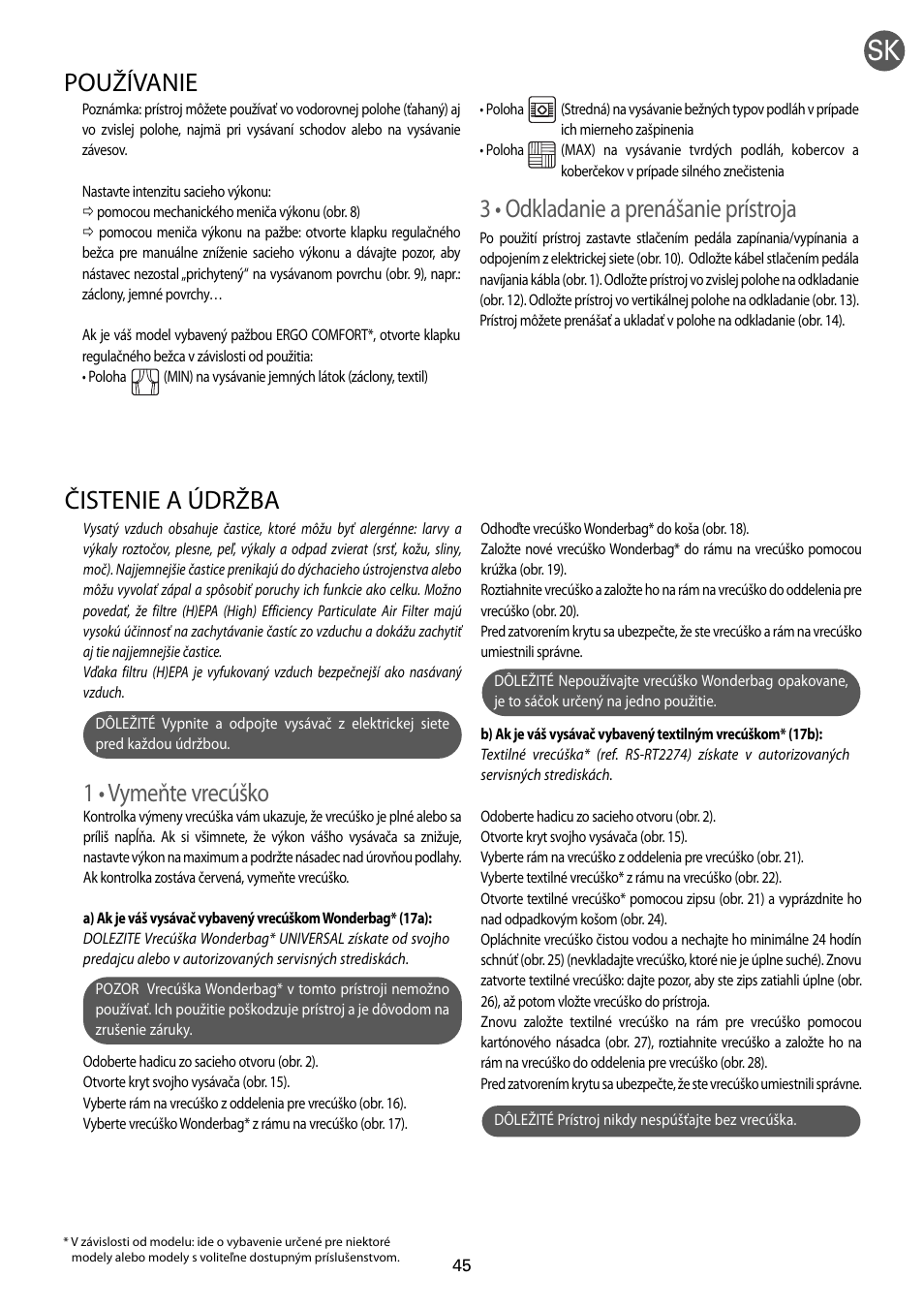 1 • vymeňte vrecúško, Čistenie a údržba, 3 • odkladanie a prenášanie prístroja | Používanie | ROWENTA RO54xx serie User Manual | Page 49 / 130