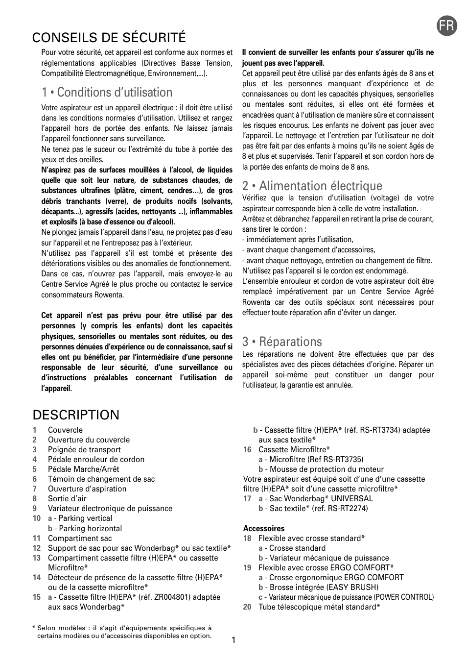 1 • conditions d’utilisation, 2 • alimentation électrique, 3 • réparations | Description, Conseils de sécurité | ROWENTA RO54xx serie User Manual | Page 5 / 130