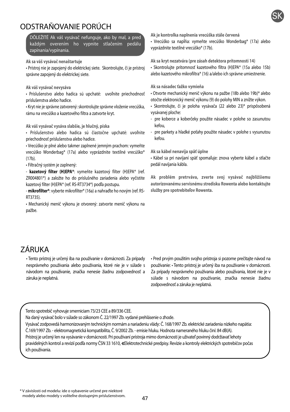 Záruka, Odstraňovanie porúch | ROWENTA RO54xx serie User Manual | Page 51 / 130