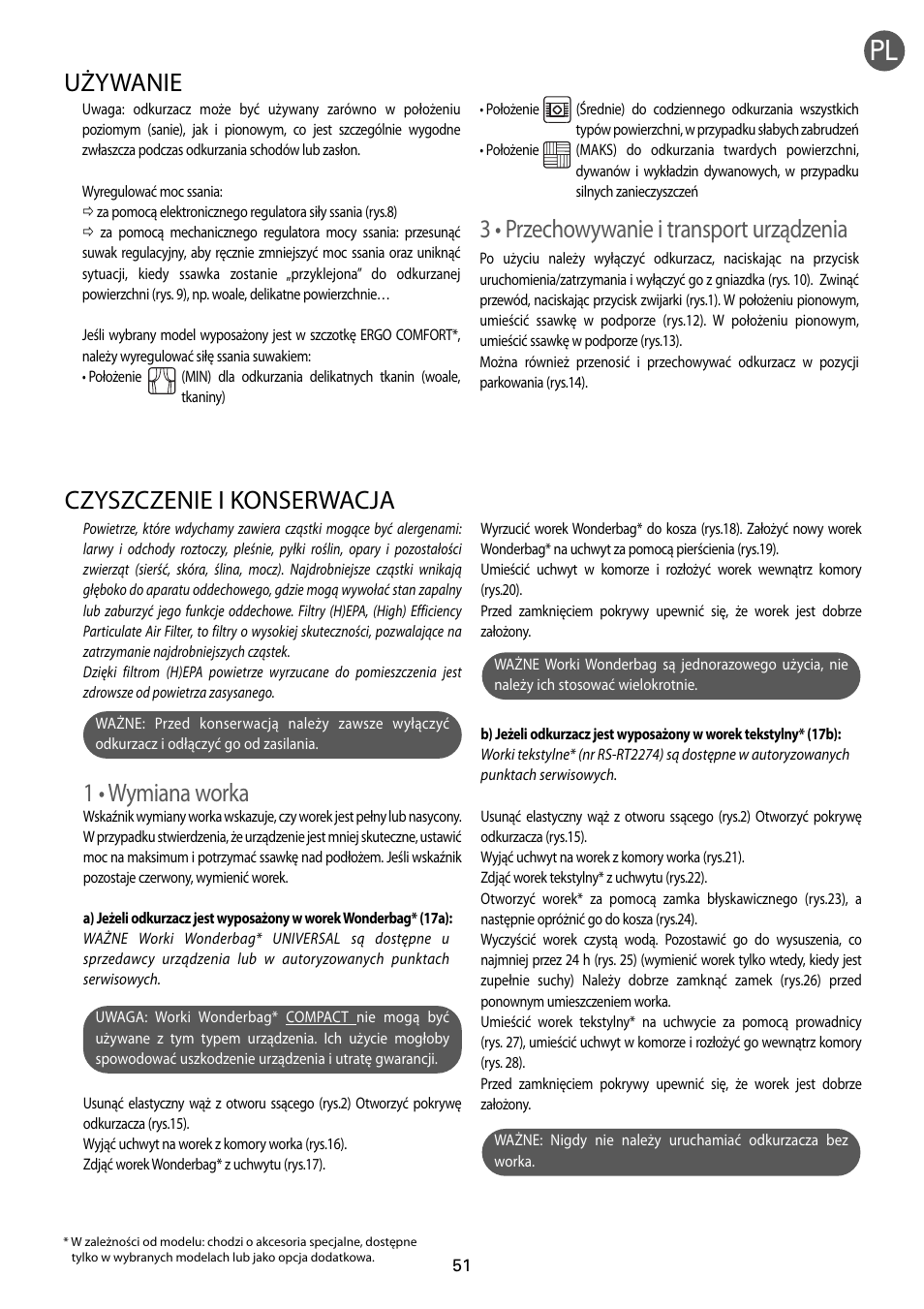 1 • wymiana worka, Czyszczenie i konserwacja, 3 • przechowywanie i transport urządzenia | Używanie | ROWENTA RO54xx serie User Manual | Page 55 / 130