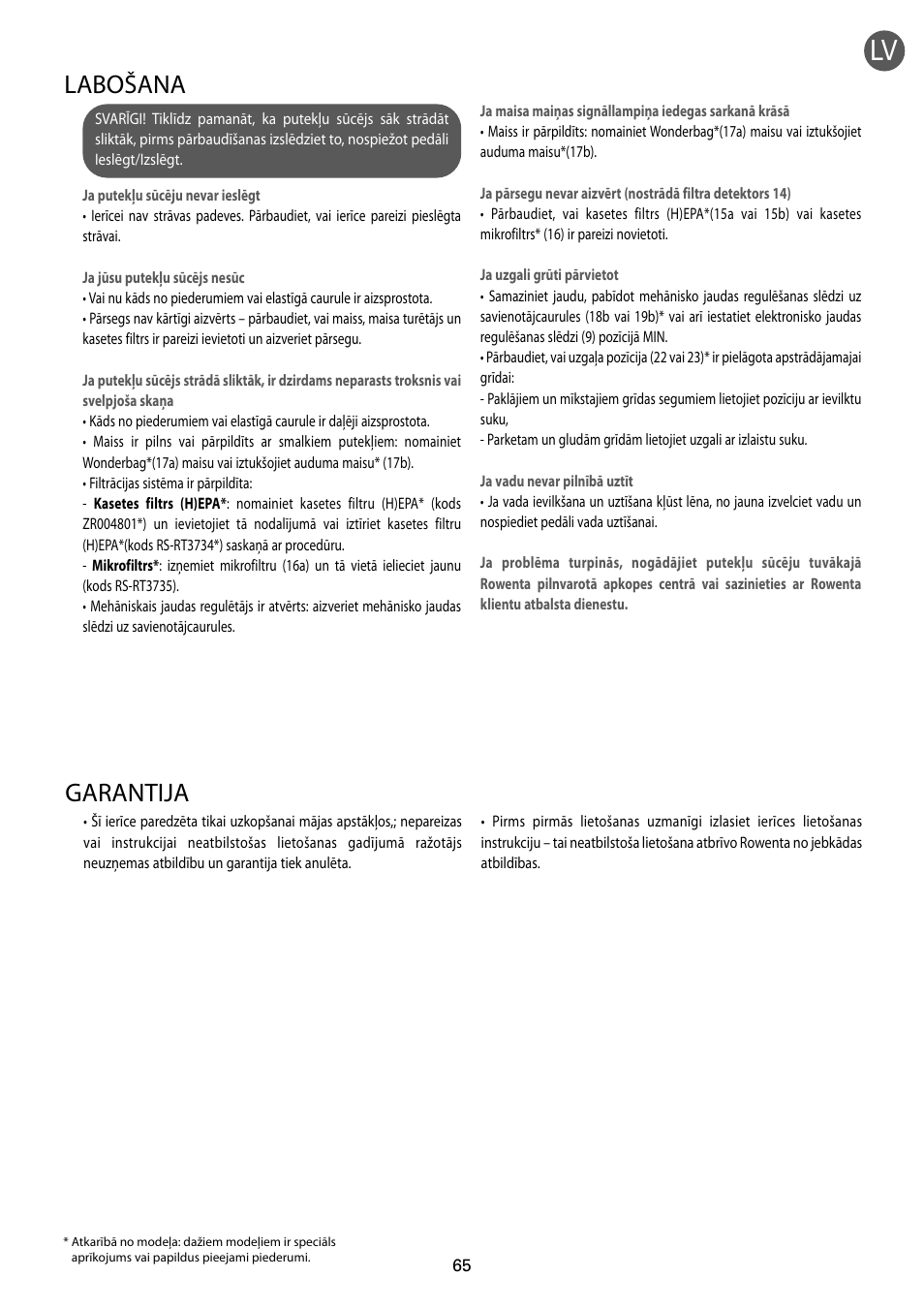 Garantija, Labošana | ROWENTA RO54xx serie User Manual | Page 69 / 130