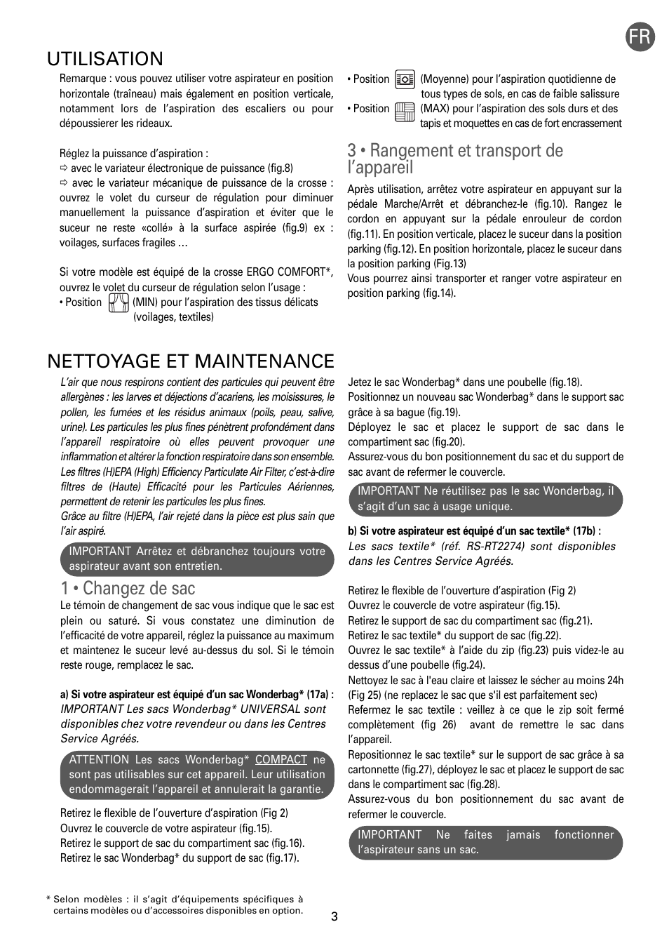 1 • changez de sac, Nettoyage et maintenance, 3 • rangement et transport de l’appareil | Utilisation | ROWENTA RO54xx serie User Manual | Page 7 / 130