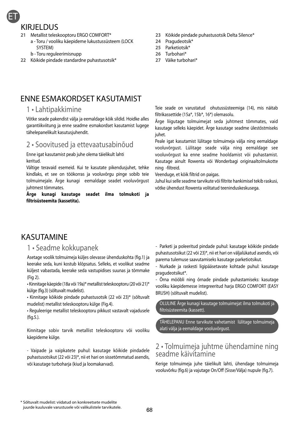 1 • lahtipakkimine, 2 • soovitused ja ettevaatusabinõud, Enne esmakordset kasutamist | 1 • seadme kokkupanek, Kasutamine, Kirjeldus | ROWENTA RO54xx serie User Manual | Page 72 / 130