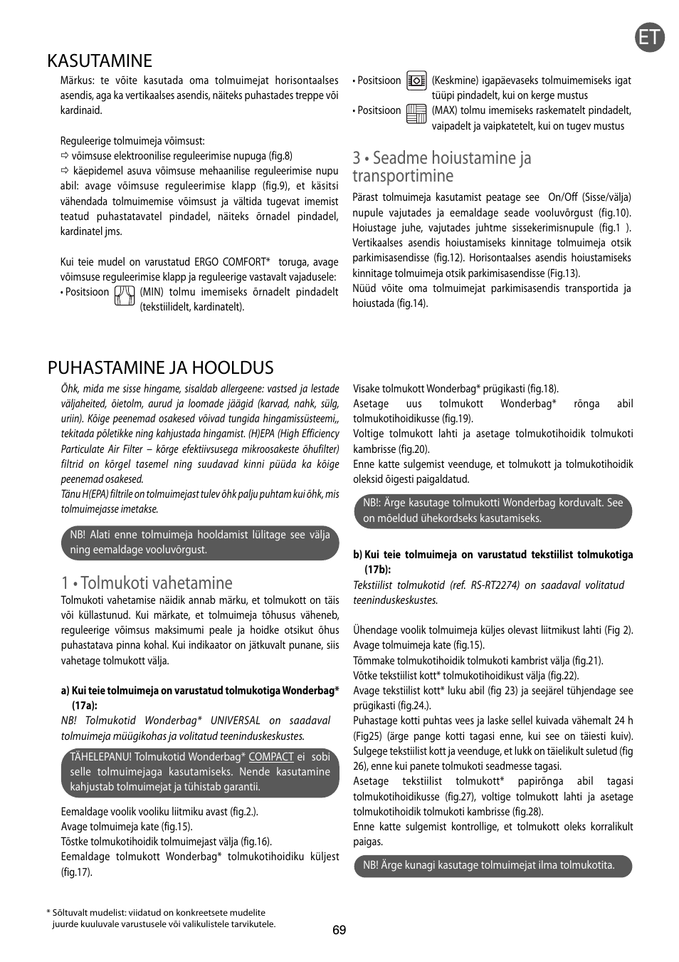 1 • tolmukoti vahetamine, Puhastamine ja hooldus, 3 • seadme hoiustamine ja transportimine | Kasutamine | ROWENTA RO54xx serie User Manual | Page 73 / 130