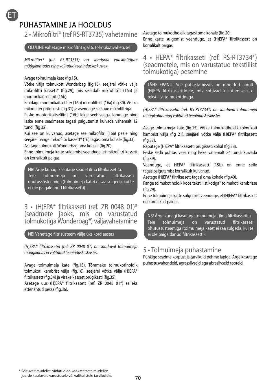 5 • tolmuimeja puhastamine, Puhastamine ja hooldus | ROWENTA RO54xx serie User Manual | Page 74 / 130