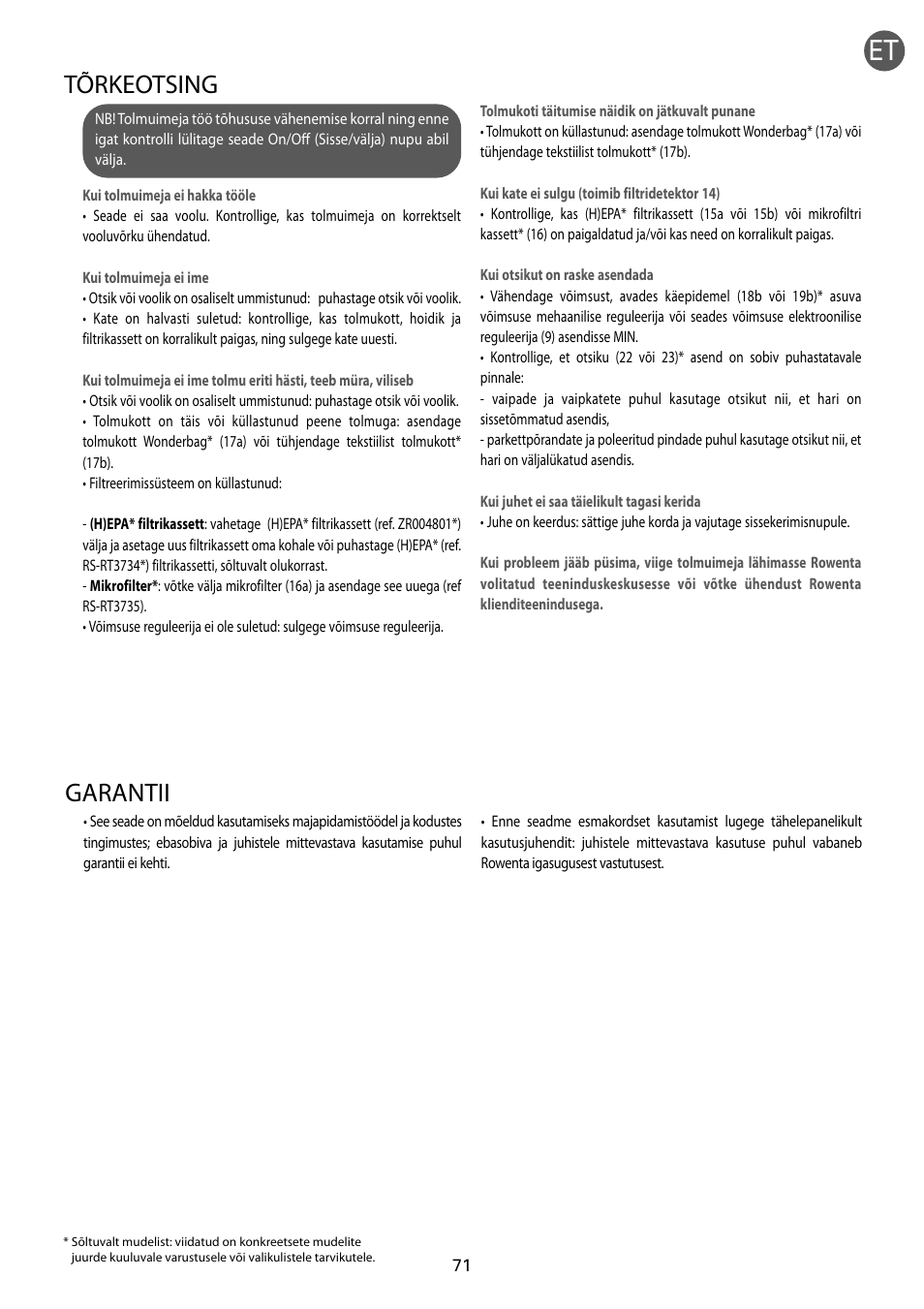 Garantii, Tõrkeotsing | ROWENTA RO54xx serie User Manual | Page 75 / 130