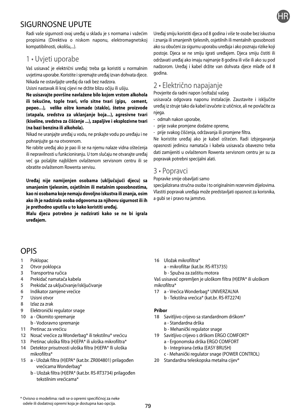 1 • uvjeti uporabe, 2 • električno napajanje, 3 • popravci | Opis, Sigurnosne upute | ROWENTA RO54xx serie User Manual | Page 83 / 130