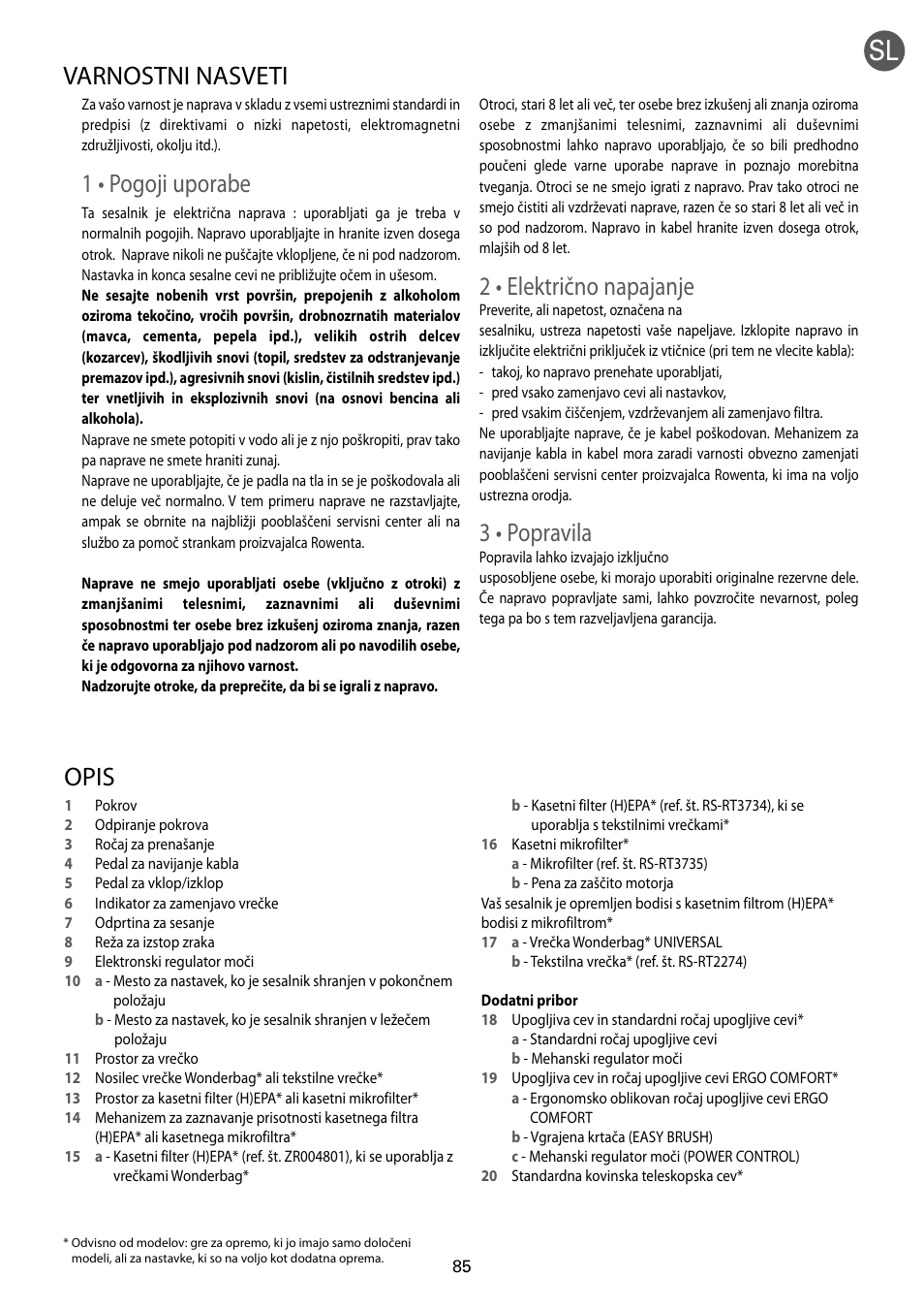 1 • pogoji uporabe, 2 • električno napajanje, 3 • popravila | Opis, Varnostni nasveti | ROWENTA RO54xx serie User Manual | Page 89 / 130