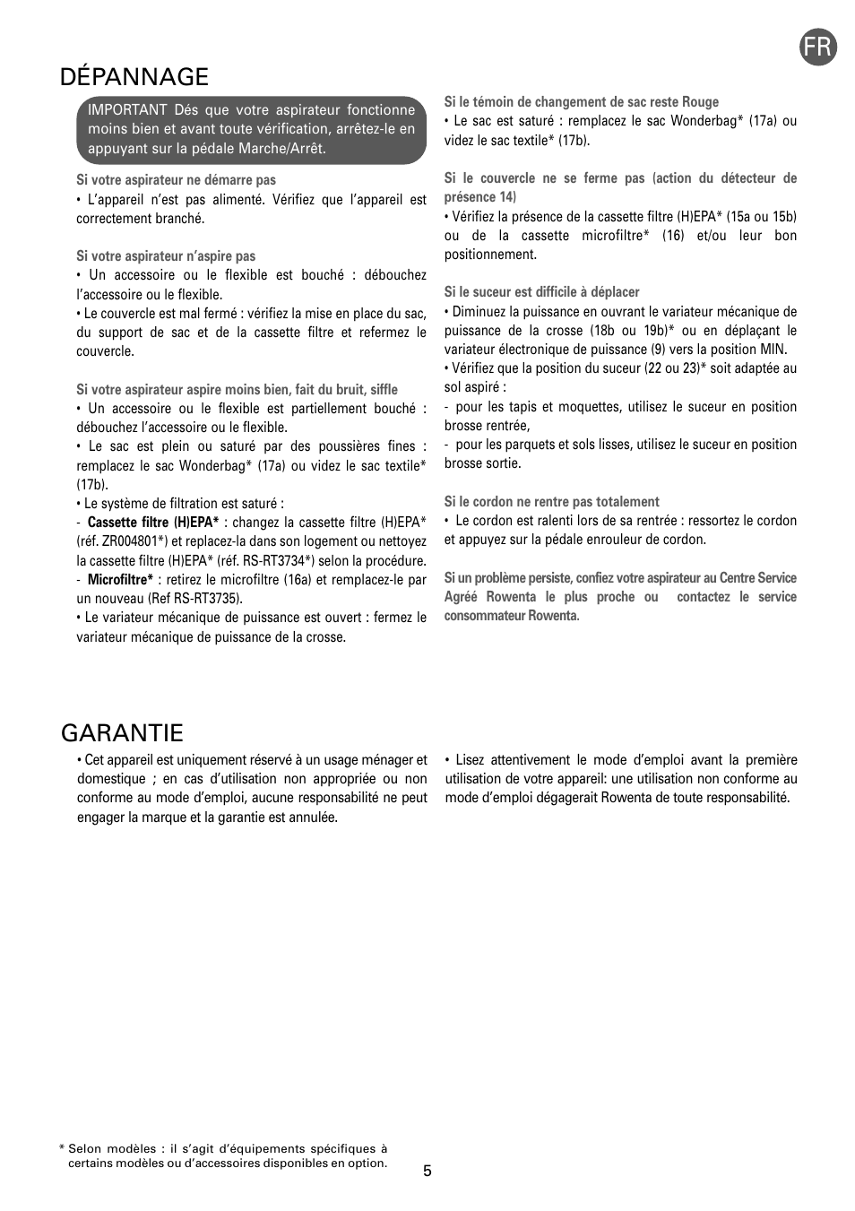 Garantie, Dépannage | ROWENTA RO54xx serie User Manual | Page 9 / 130