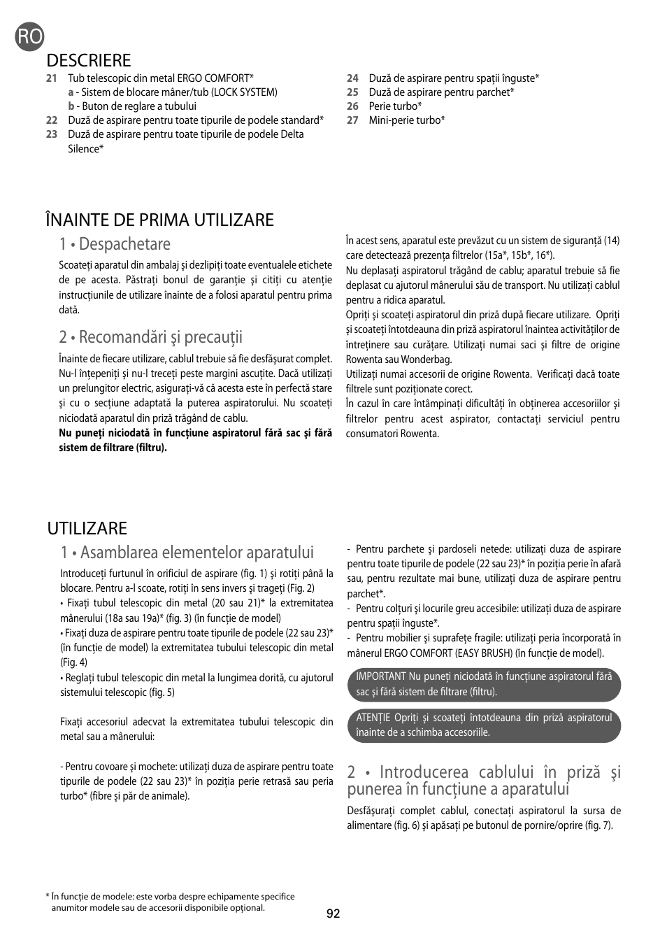 1 • despachetare, 2 • recomandări şi precauţii, Înainte de prima utilizare | 1 • asamblarea elementelor aparatului, Utilizare, Descriere | ROWENTA RO54xx serie User Manual | Page 96 / 130