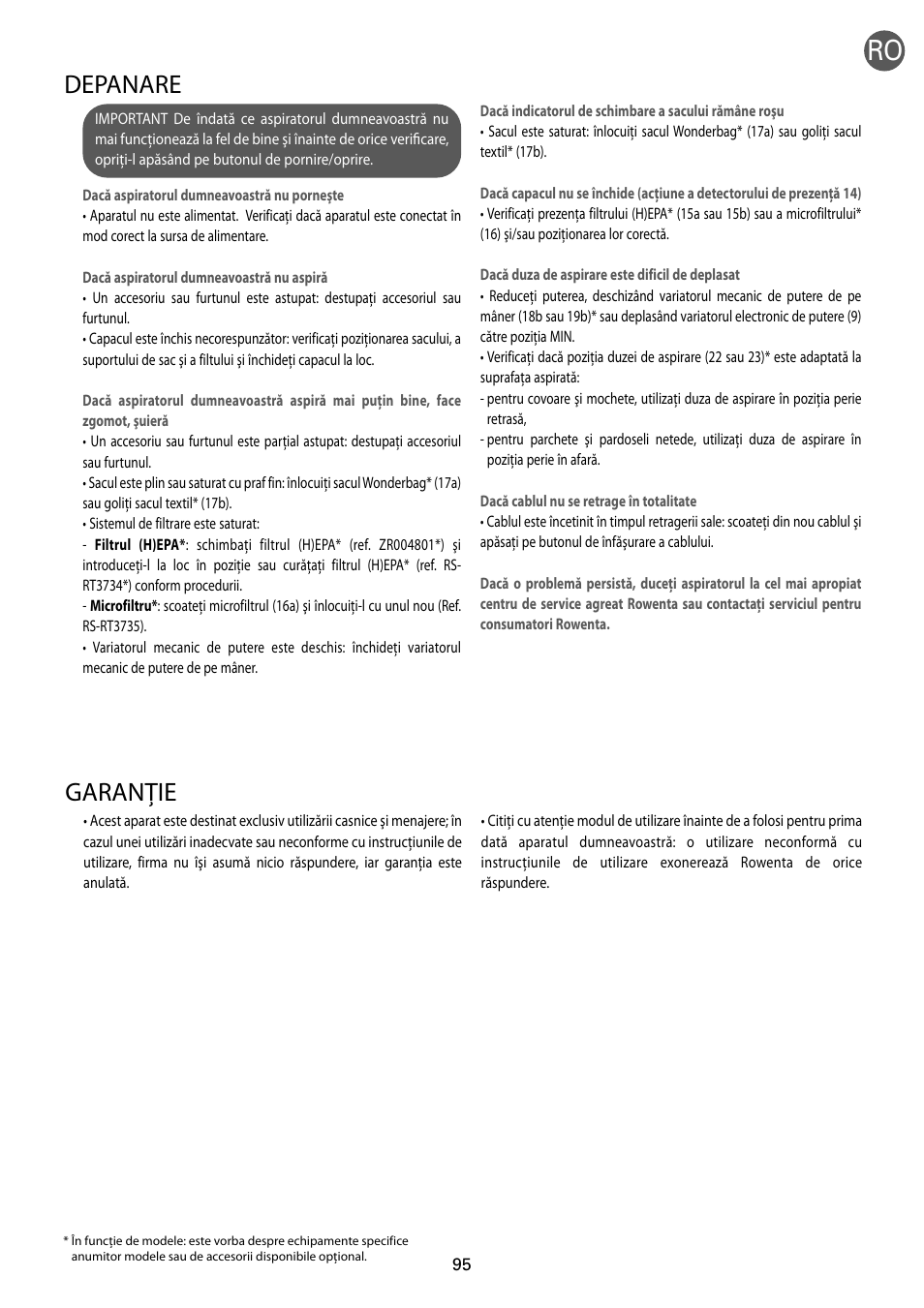 Garanţie, Depanare | ROWENTA RO54xx serie User Manual | Page 99 / 130