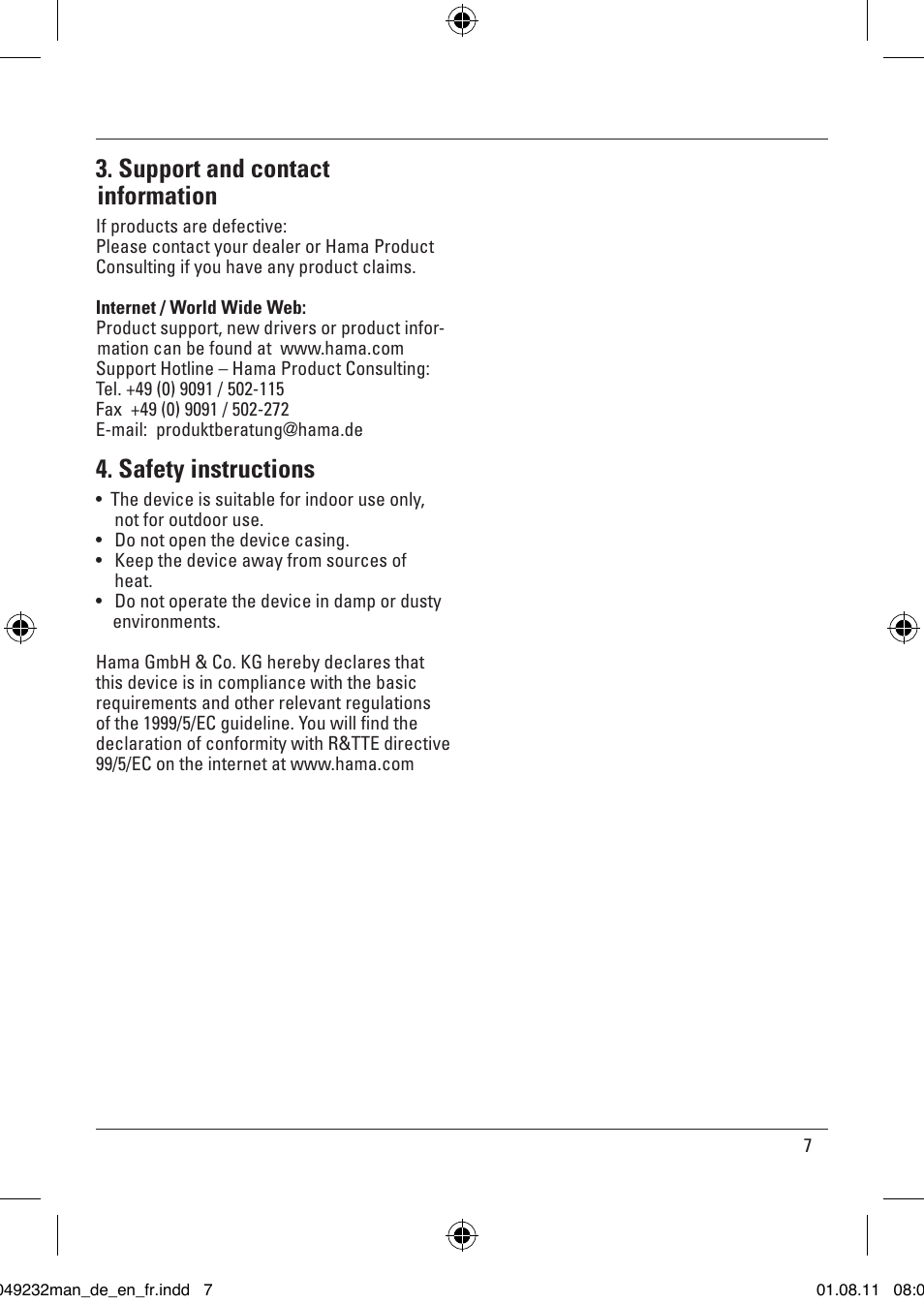 Support and contact information, Safety instructions | Hama Bluetooth USB Adapter Nano User Manual | Page 4 / 10