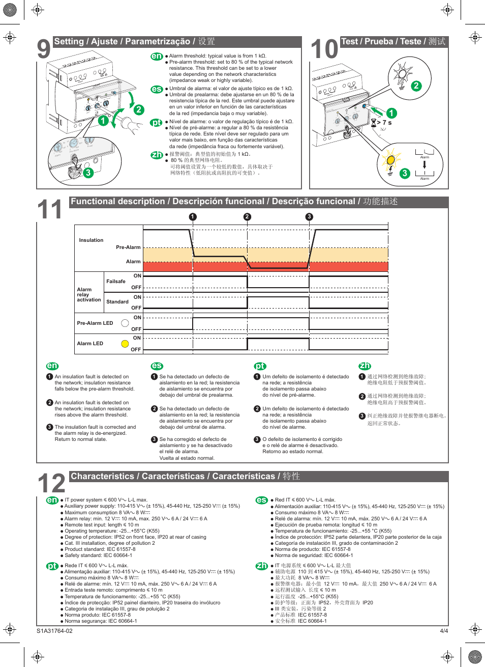 Setting / ajuste / parametrização / 设置, Test / prueba / teste / 测试 zh zh zh, Es en pt | En pt | Schneider Electric Vigilohm IM9 User Manual | Page 4 / 10
